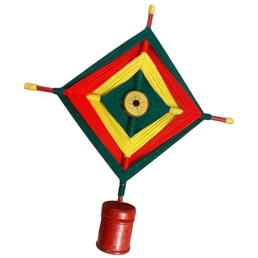 Vintage Handmade God's Eye Ojo De Dios Wooden Yarn Decor Red Yellow Green